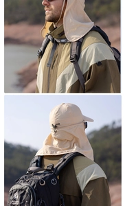 Detail of outdoor sun hat with breathable mesh and neck protection flap in beige