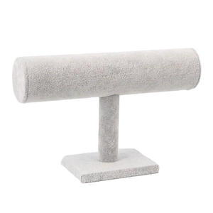 Gray velvet T-bar jewelry display stand for bracelets, watches, and hair accessories