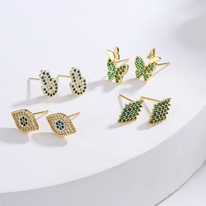 Gold Plated Copper Stud Earrings Micro Pave Zircon Hamsa Hand Evil Eye Butterfly Geometric Jewelry For Women