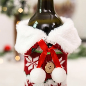 Christmas wine bottle cover with red knit snowflake pattern and white faux fur collar