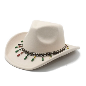Western wool fedora hat with ethnic woven band and colorful bead pendants for men and women