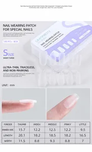 Detailed size chart for ultra-thin traceless short coffin nail tips showing dimensions
