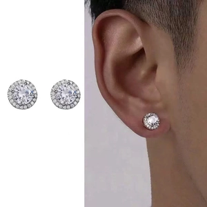 Round Halo Stud Earrings For Men Copper With Cubic Zirconia Sparkling Fashion Minimalist Unisex Jewelry