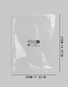 Detail view of transparent self-adhesive plastic packaging bag with size markers