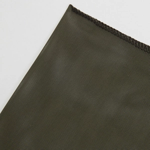 Close-up of olive green mesh fabric showing the breathable texture and overlock edge