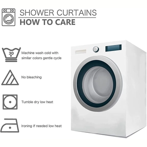 Care instructions guide for shower curtains with machine wash symbols and 3D washer icon