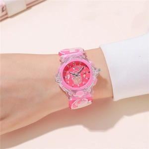 Pink cartoon unicorn kids watch with luminous LED dial and printed soft silicone strap