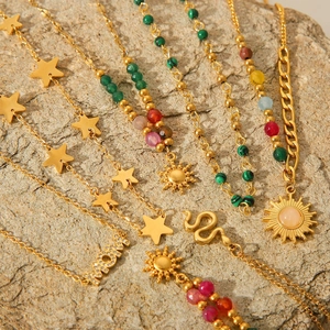 Bohemian 18K gold-plated stainless steel necklaces with natural stone beads and sun star pendants