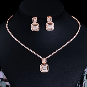 Retro Geometric Square Cubic Zirconia Necklace And Earrings Elegant Copper Electroplated Bridal Wedding Jewelry For Women