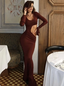 Ruched Maxi Dress Polyester Spandex Long Sleeve U Neck Cut Out Side Slit Bodycon Elegant Brown For Women
