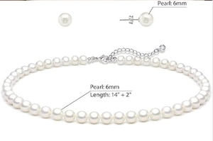 Detailed view of 6mm white pearl necklace set with 14-inch chain and 2-inch extension