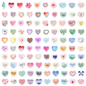 Detailed grid of colorful heart-shaped waterproof stickers for laptops and water bottles