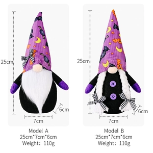 Detailed size chart for Halloween purple gnome plush toys showing height and width