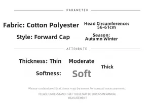 Detailed chart showing cotton polyester cap specs with 56-61cm head circumference for winter