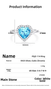 Detailed S925 silver ring specifications with heart-shaped blue zircon stone and size chart