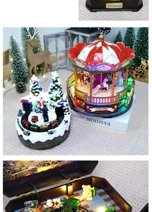 Detail of Christmas musical carousel with warm LED lights and festive scene