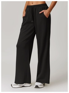 Details von schwarzer High-Waist Jogginghose mit Kordelzug und weitem Bein für Damen
