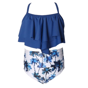 Maillot de bain deux pièces pour filles avec haut à volants et bas taille haute à palmiers