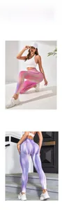 Dettaglio macro dei leggings yoga tie-dye a vita alta con sfumature rosa viola e costine