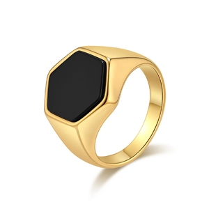 Minimalist golden titanium steel ring with hexagonal black stone for men and women