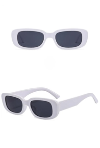 Detail view of white rectangular sunglasses with dark lenses from front and side angles