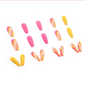 Pink and yellow coffin press on nails set with wavy patterns in a 24-piece layout
