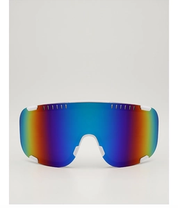 Close-up of white frame sports sunglasses with vibrant rainbow gradient reflective lenses