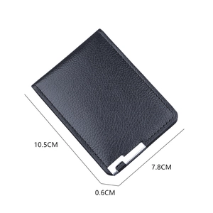 Slim black leather card holder for men with silver money clip and dimensions guide