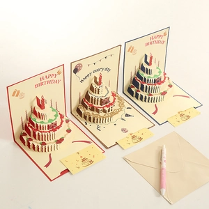 3D pop-up happy birthday cards set with colorful cake designs and matching envelopes