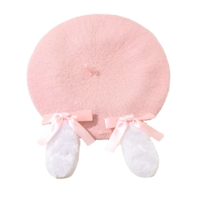 Béret tricoté rose mignon avec oreilles de lapin en peluche et un nœud en satin