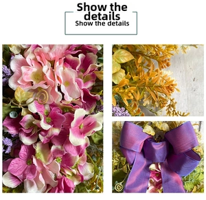Detail of purple hydrangea petals and silk bow on decorative wall-hanging flowers
