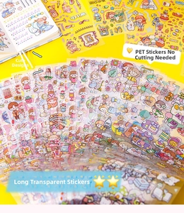 Detail of waterproof PET stickers with cute cartoon patterns and no-cutting design