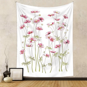 Detailed view of floral wall tapestry with pink cosmos flowers in a modern room setting