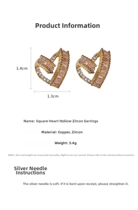 Detailed view of heart-shaped zircon earrings with dimensions and copper material specs