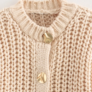 Minimalist beige chunky knit cardigan for women with gold button detail and soft texture