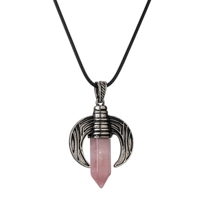 Pink hexagonal crystal point necklace with vintage silver crescent moon pendant charm