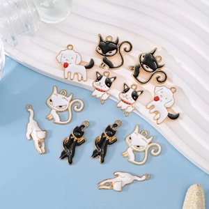 Cartoon cat and dog enamel charms in gold alloy for DIY jewelry and necklaces