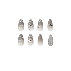 Winter snowflake almond press-on nails with silver glitter and rhinestone accents