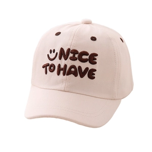 Kids smile embroidery baseball cap in light beige cotton with curved brim and soft crown