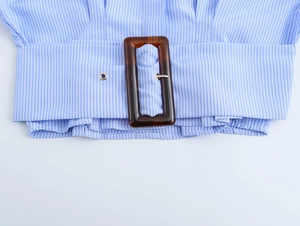 Detail of blue striped blouse with high waist belt and brown amber plastic buckle