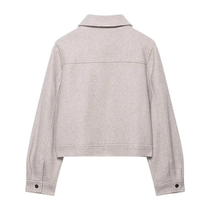 Minimalist soft zip-up bomber jacket in light grey felted fabric, back view on white background