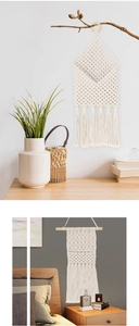 Detailed close-up of handmade macrame wall hanging with envelope pocket and woven texture