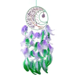 Tree of Life moon dream catcher with purple crystal stones and green feathers decor