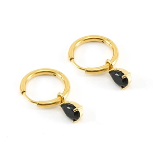 Elegant gold titanium steel hoop earrings featuring faceted black teardrop zircon pendants