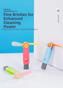 Detail view of 3-in-1 multifunctional cleaning brush with crevice bristles and folding scraper