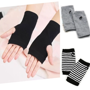 Gants tricotés sans doigts pour hommes et femmes en noir, gris et à rayures classiques