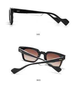 Detail of square black sunglasses showing side and back views with golden metal rivets