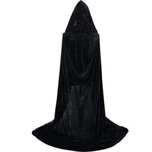 Detailed back view of a long hooded black velvet cloak with realistic fabric draping and texture
