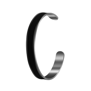 Minimalist C-shaped men's black and silver stainless steel cuff bracelet on white background