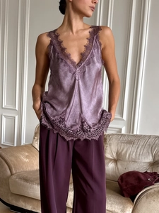 Lavender lace satin camisole and purple wide-leg pants for women summer fashion style